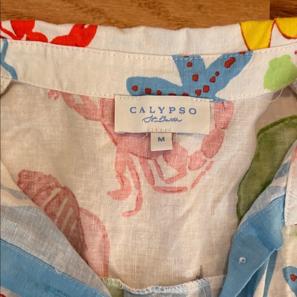 Calypso St Barth Women's Medium Blue Button Up Linen Blend Coastal Print Relax - Picture 2 of 5